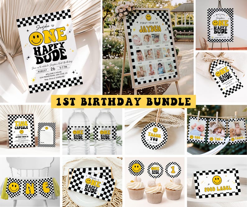 One Happy Dude Birthday Invitation Bundle, Editable Retro One Happy Dude First Birthday Invite Boy, Smiley Face Party Template, Printable image 1
