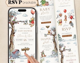 Christmas Winnie the Pooh Baby Shower Website Invitation, Holiday Bear Digital Invite with RSVP, Canva Template, Classic Pooh Text Invite