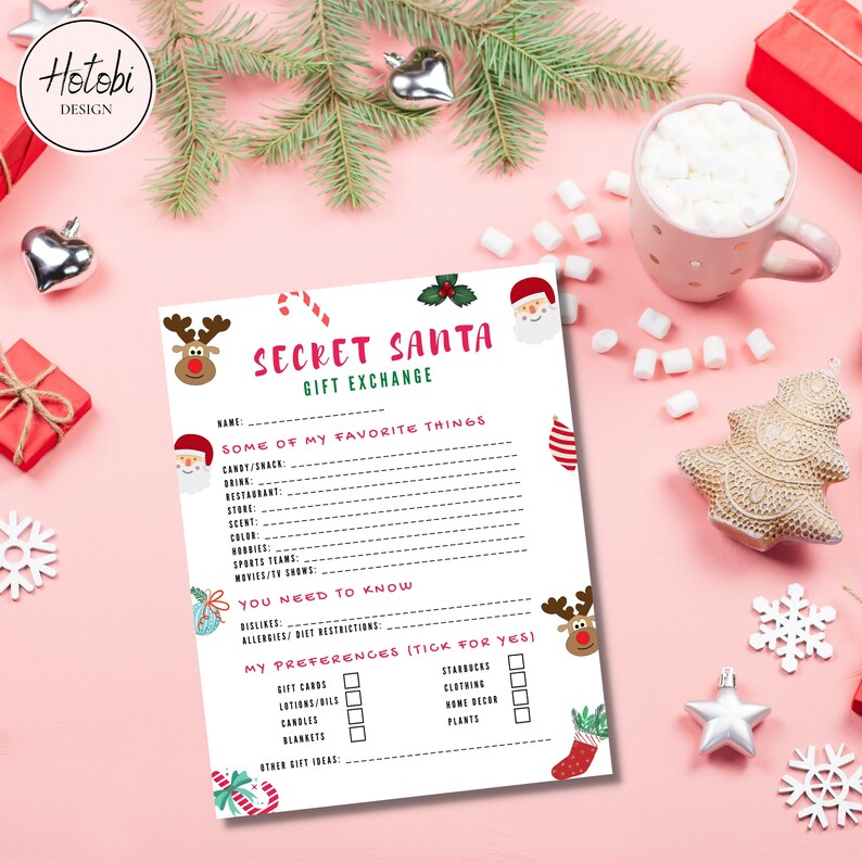 May include: A printable Secret Santa gift exchange form with a festive Christmas theme. The form includes sections for listing favorite things, allergies, and gift preferences. It features illustrations of Santa Claus and reindeer.