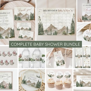 Let the Adventure Begin Baby Shower Invitation Bundle, Woodland Baby Shower Invite Pack, Forest Mountain Tree Gender Neutral Decor Printable