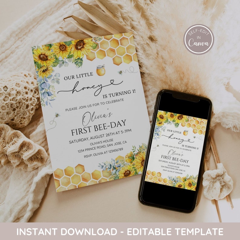 EDITABLE Bee First Birthday Invitation Little Honey Sunflower Bee ...