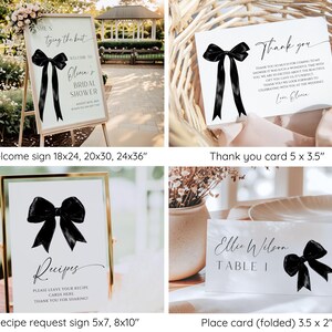 May include: A set of printable bridal shower signs featuring a black bow design. The signs include a welcome sign, a thank you card, a recipe request sign, and a place card. The signs are perfect for a modern and elegant bridal shower.