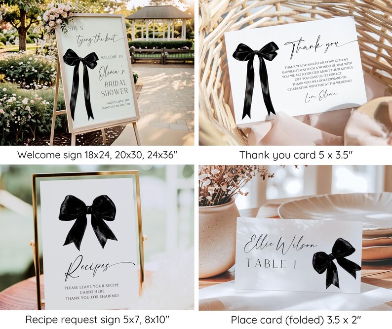 May include: A set of printable bridal shower signs featuring a black bow design. The signs include a welcome sign, a thank you card, a recipe request sign, and a place card. The signs are perfect for a modern and elegant bridal shower.