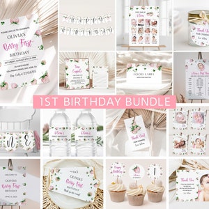 Berry First Birthday Invitation Bundle, White Strawberry Invitation 1st Birthday, White Berry Birthday Decorations, Printable First Birthday