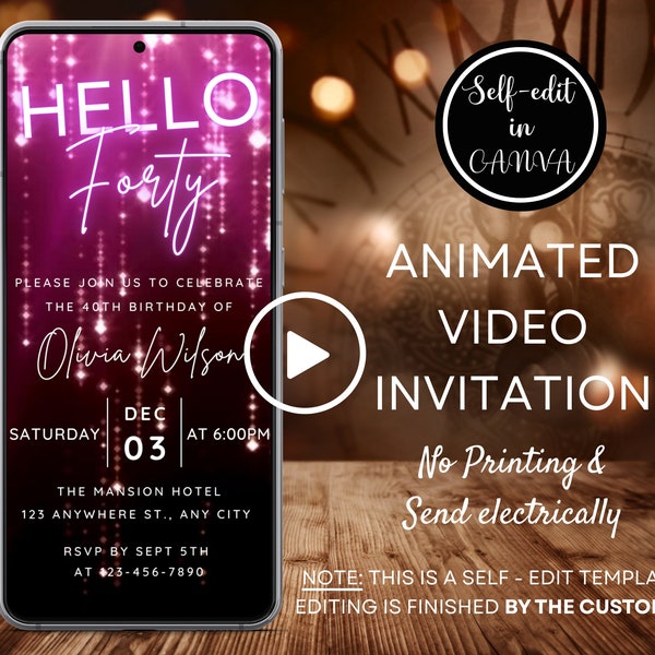Video Hello Forty 40th Birthday Invitation, Animated Any Age Birthday Invite, Adult Pink Glow Party, Smartphone Invitation, Canva Template