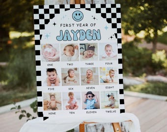 One Happy Dude Birthday Photo Poster, Retro Smiley Face 1st Birthday Photo Board, Baby Boy Birthday Sign with Pictures, Editable Template