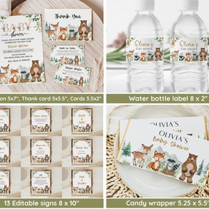 Pu&ograve; includere: Decorazioni per feste di baby shower stampabili con tema boschivo con animali come una volpe, un cervo, un procione e un orso. Il set include un invito, un biglietto di ringraziamento, etichette per bottiglie d'acqua, involucri per barrette di cioccolato e 13 cartelli modificabili. I colori sono verde, marrone e oro.