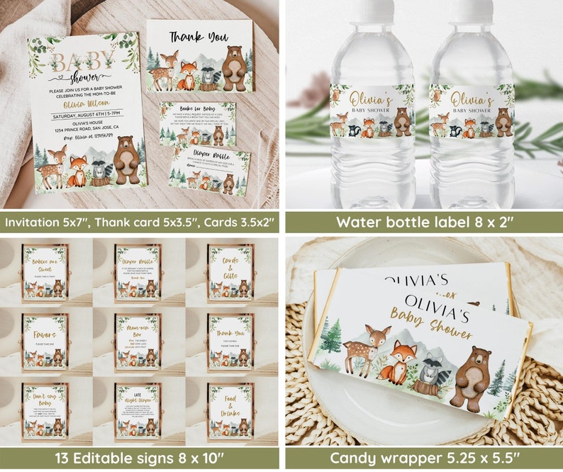 Pu&ograve; includere: Decorazioni per feste di baby shower stampabili con tema boschivo con animali come una volpe, un cervo, un procione e un orso. Il set include un invito, un biglietto di ringraziamento, etichette per bottiglie d'acqua, involucri per barrette di cioccolato e 13 cartelli modificabili. I colori sono verde, marrone e oro.