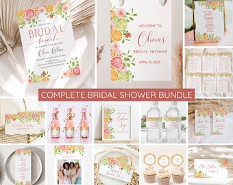 Paquete de despedida de soltera con cítricos, paquete de invitaciones para despedida de soltera Main Squeeze, brunch nupcial de verano con flores naranjas, editable, descarga instantánea