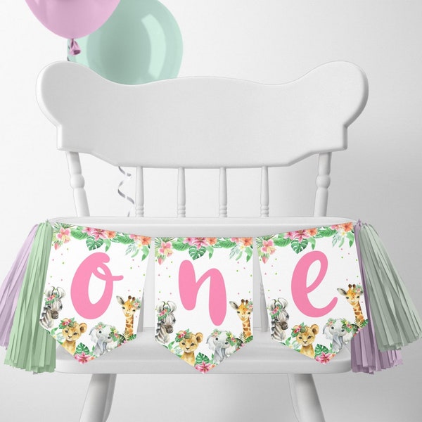 High Chair ONE Birthday Banner, Safari Animals Wild One First Birthday 1st Decorations, Girl, Zoo Jungle Animals, Instant Download Printable