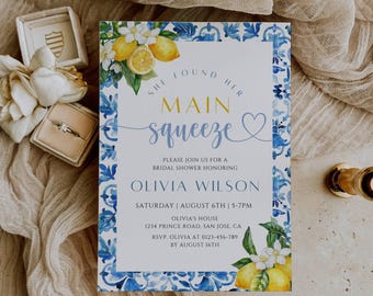 Mediterranean Lemon Bridal Shower Invitation, Main Squeeze Bridal Shower Invite Template, Amalfi Coast Italian Tile, Editable Canva Template