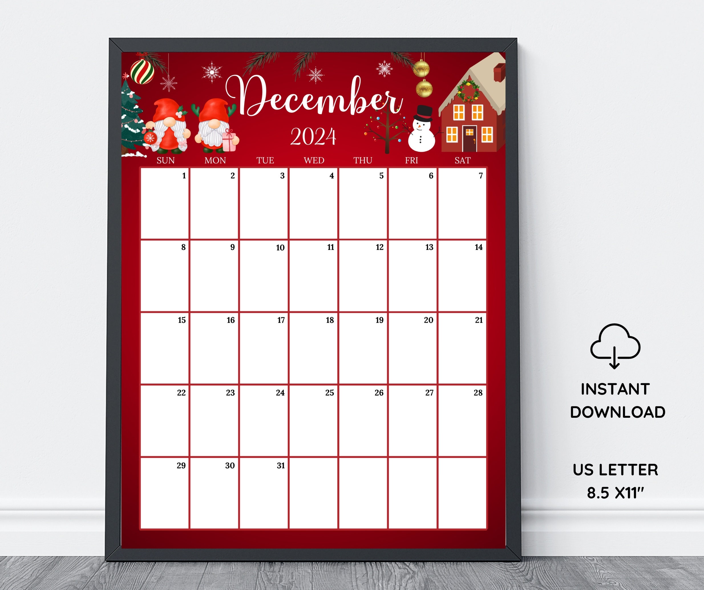 EDITABLE December 2024 Calendar vertical/portrait, Cute Gnome
