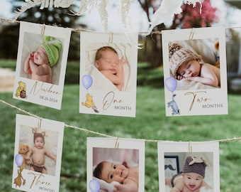 Klassische Winnie the Pooh Monatliche Meilenstein-Fotokarten, bearbeitbares Vintage Pooh 1. Geburtstagsfotobanner, Pooh Bär Dekor, Junge erster Geburtstag