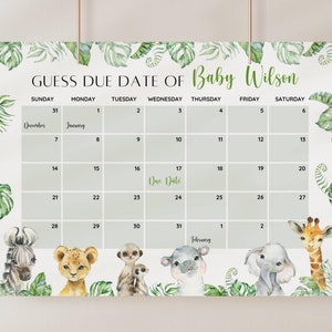 Calendario editable de fechas de parto para baby shower de animales de safari, juego de baby shower de animales de la jungla, adivina el cumpleaños del bebé, predicción del bebé, juego de fecha de parto