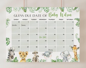 EDITIERBARER Safari-Tier-Babyparty-Fälligkeitsdatumskalender, Dschungel-Tier-Babypartyspiel, Errate den Geburtstag des Babys, Babyvorhersage, Fälligkeitsdatumsspiel