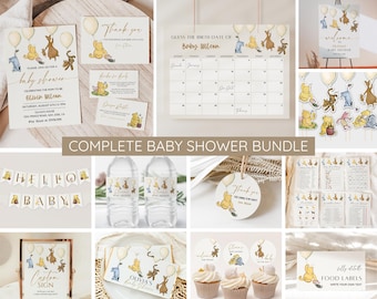 Winnie the Pooh Baby Shower Bundle, bearbeitbares Vintage Pooh Bear Party Einladung, Baby-Duschespiele, Willkommen, Schilder, Einladungen, Dekor zum ausdrucken