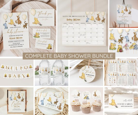 Winnie the Pooh Baby Shower Bundle, Editable Vintage Pooh Bear Party Invitation, Baby Shower Games, Welcome, Signs, Invites, Decor Printable