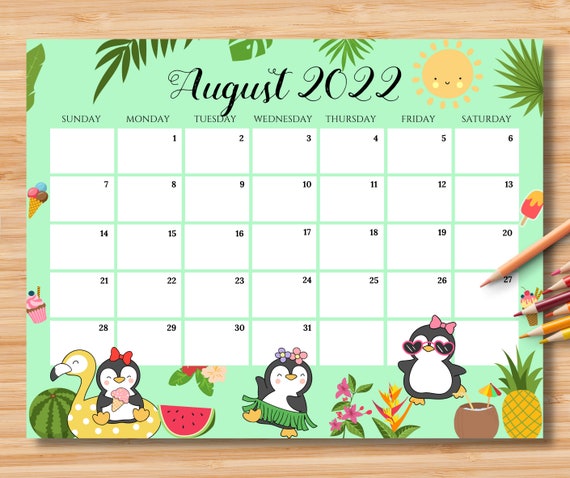 editable august 2022 calendar beautiful sunshine beach with etsy canada