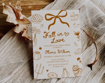 Editable Fall in Love Bridal Shower Invitation, Hand Drawn Autumn Bridal Shower Invite, Fall Wedding Shower, Canva Template, Printable