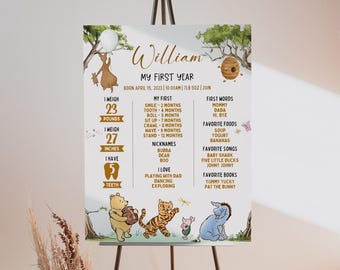 EDITABLE Winnie the Pooh First Birthday Milestone Sign, Classic Pooh Bear Birthday Milestone Poster, Birthday Milestone Board Canva Template