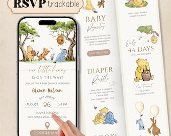 Editable Winnie the Pooh Baby Shower Website Invitation, Online RSVP Digital Invite, Teddy Bear Boy Girl Gender Neutral Canva Template