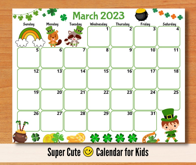 Buy EDITABLE March 2023 Calendar Happy St. Patrick's Day Online in