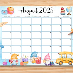 EDITABLE August 2025 Calendar, Back to School Planner w/Cute Gnomes, Printable Monthly Calendar for Kids School Home Work, Instant Download