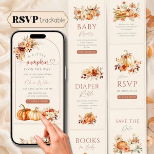 May include: A digital baby shower invitation set displayed on a smartphone screen and as separate cards, featuring autumn-themed watercolour illustrations of pumpkins and flowers, with text including A Little Pumpkin Is On The Way and RSVP.