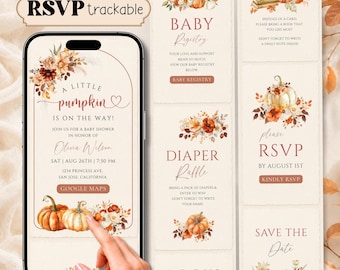 A Little Pumpkin Is On The Way Baby Shower Digital Invitation, RSVP Tracking Gender Neutral Fall Baby Shower Invite, Editable Canva Template