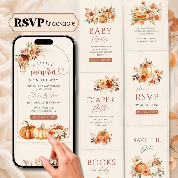 A Little Pumpkin Is On The Way Baby Shower Digital Invitation, RSVP Tracking Gender Neutral Fall Baby Shower Invite, Editable Canva Template