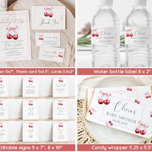 May include: Printable baby shower party decorations featuring a cherry theme. Includes an invitation, thank you card, cards, water bottle labels, editable signs, and candy wrappers. The text on the invitation reads "She is the cherry on top" and the text on the thank you card reads "Thank You". The text on the water bottle labels reads "Olivia's Baby Shower" and the text on the candy wrappers reads "Olivia's Baby Shower".