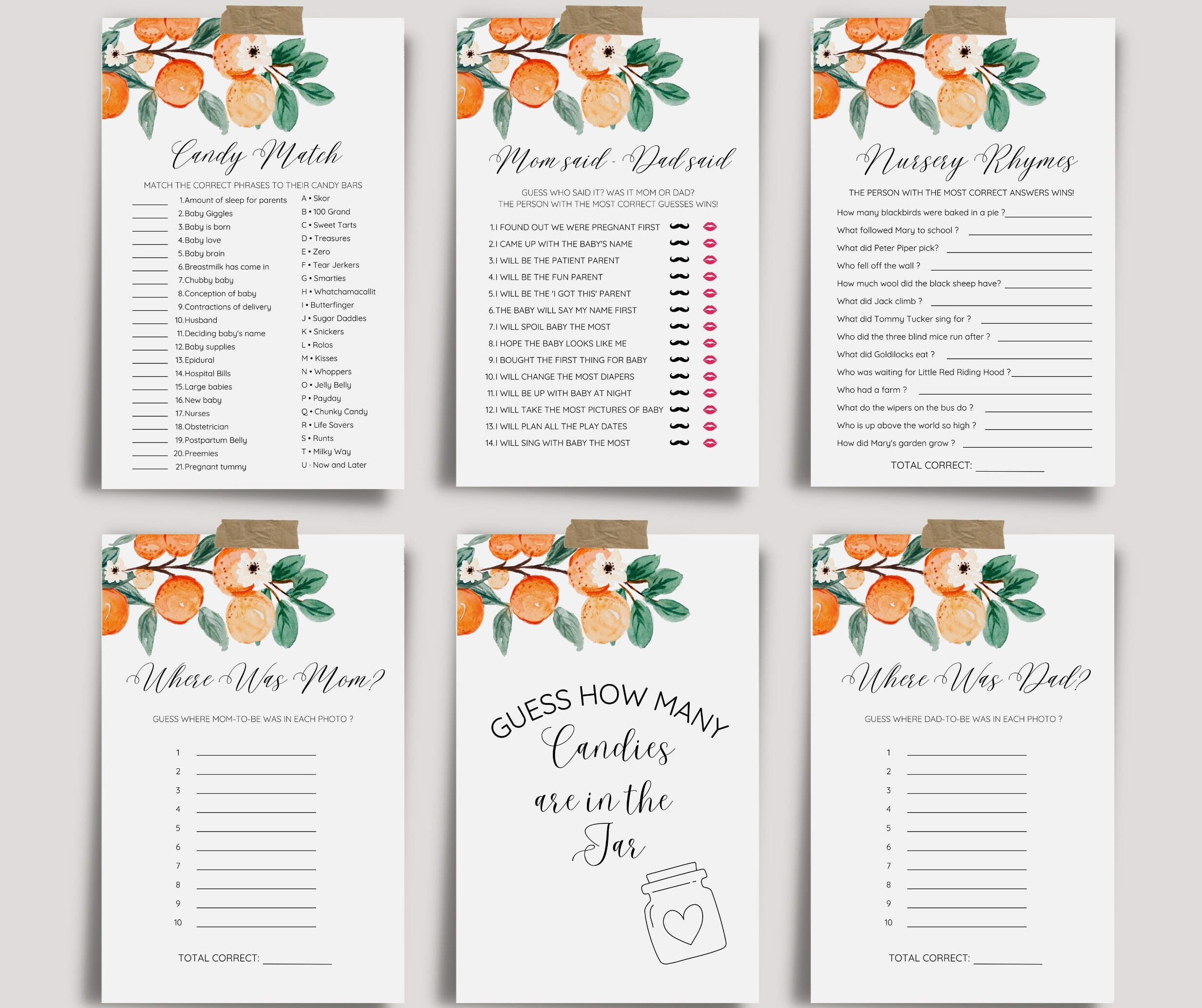 "What's On Your Phone?" Baby Shower Game Cards - Pack Of 25, Citrus Orange Theme, Gender Neutral