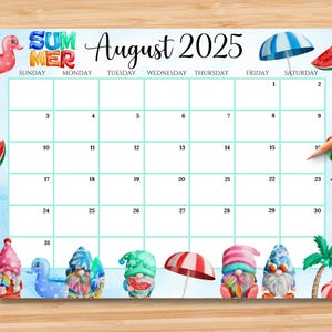 EDITIERBARER Kalender August 2025, schöner bunter Sommer mit niedlichen Strandzwergen, druckbarer Kinderschulzeitplan, sofortiger Download