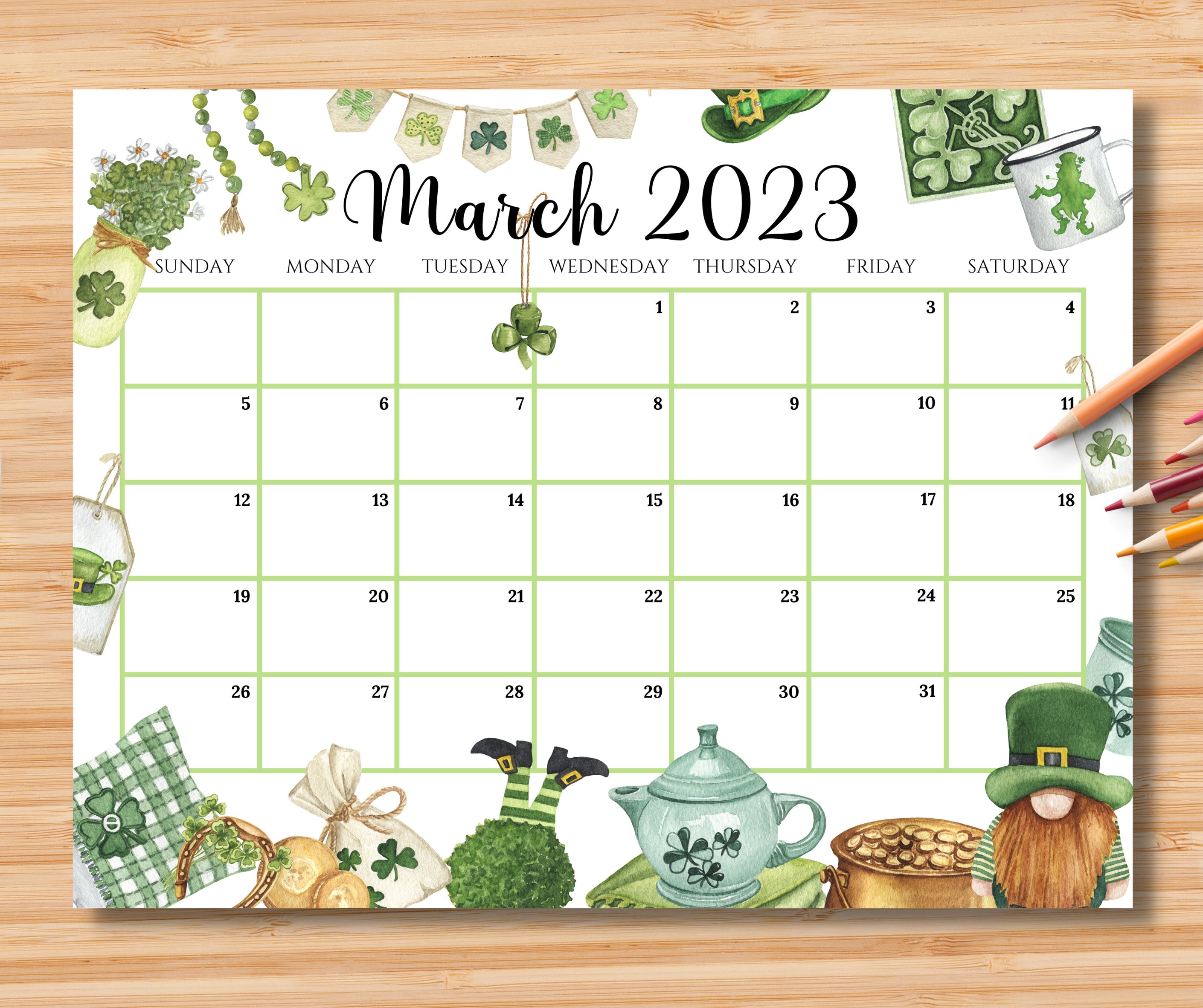 Editable March 2023 Calendar Happy St.patrick's Day 2023 - Etsy