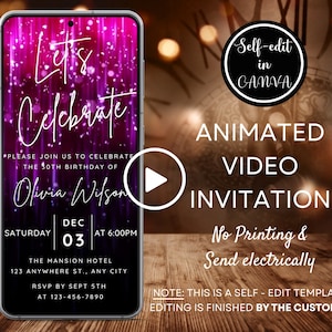 Video Let's Celebrate Any Event Pink Glitter Invitation, Electronic Any Age Birthday Party Invite, Digital Phone Invitation, Canva Template