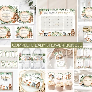Woodland Baby Shower Invitation Bundle, It&#39;s a Boy Woodland Animals Invite Set, Greenery Baby Sprinkle, Games Welcome Signs Decor, Editable