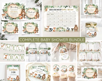 Woodland Baby Shower Invitation Bundle, It's a Boy Woodland Animals Invite Set, Greenery Baby Sprinkle, Games Welcome Signs Decor, Editable