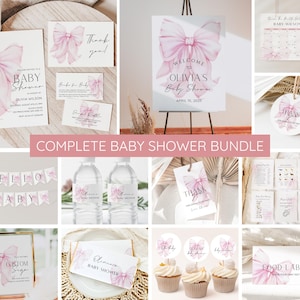 Pink Bow Baby Shower Invitation Bundle, Editable Pink Bow Invitation and Games, Pink Coquette Bow Baby Shower Decoration Baby Girl Printable