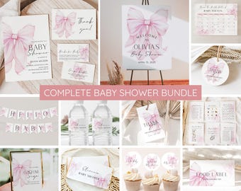 Pink Bow Baby Shower Invitation Bundle, Editable Pink Bow Invitation and Games, Pink Coquette Bow Baby Shower Decoration Baby Girl Printable
