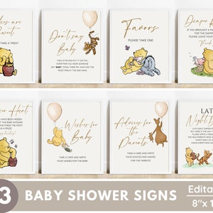 Decoraciones clásicas de Winnie the Pooh Baby Shower, paquete de plantillas de letreros de decoración de globos, oso Pooh vintage de niña, letreros editables, imprimibles