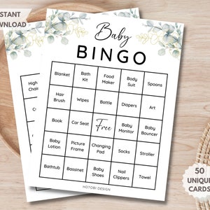 50 voorgevulde babyshower bingokaarten, babybingospel, lege bonuskaart, afdrukbare babyshowerspel groen genderneutraal Instant Download