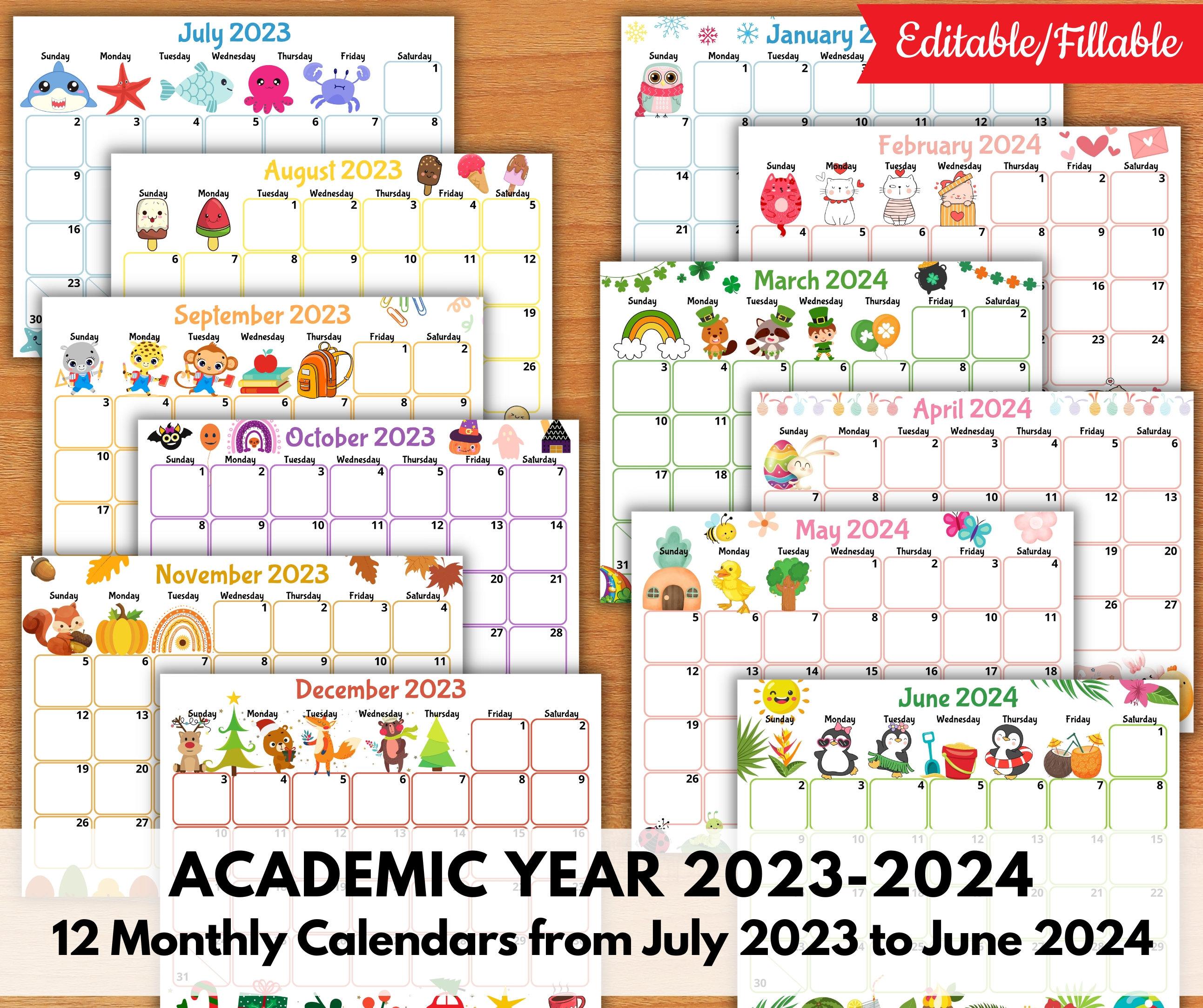 EDITABLE School Calendar 2023-2024 From July to June Back to - Etsy UK
