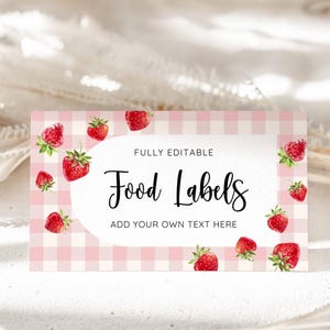 Marque-places pour baby shower aux fraises, étiquette de nourriture pour bébé Vichy rose, carte de tente de buffet sucré baies, étiquette d'aliment, carte de nom de table, MODIFIABLE
