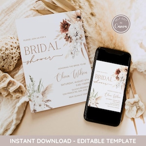 Editable  Boho Bridal Shower Invitation, Boho Floral Bridal Shower Invite Template, Elegant Bohemian Wedding Shower Invite, Instant Download