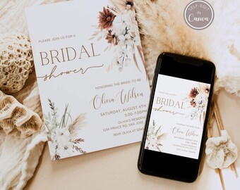 Editable  Boho Bridal Shower Invitation, Boho Floral Bridal Shower Invite Template, Elegant Bohemian Wedding Shower Invite, Instant Download