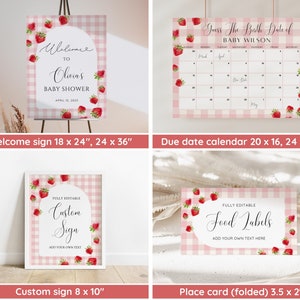 May include: Printable baby shower signs with a pink and white gingham pattern and red strawberries. The signs include a welcome sign, a due date calendar, a custom sign, and a place card. The signs are fully editable and can be customized with your own text.