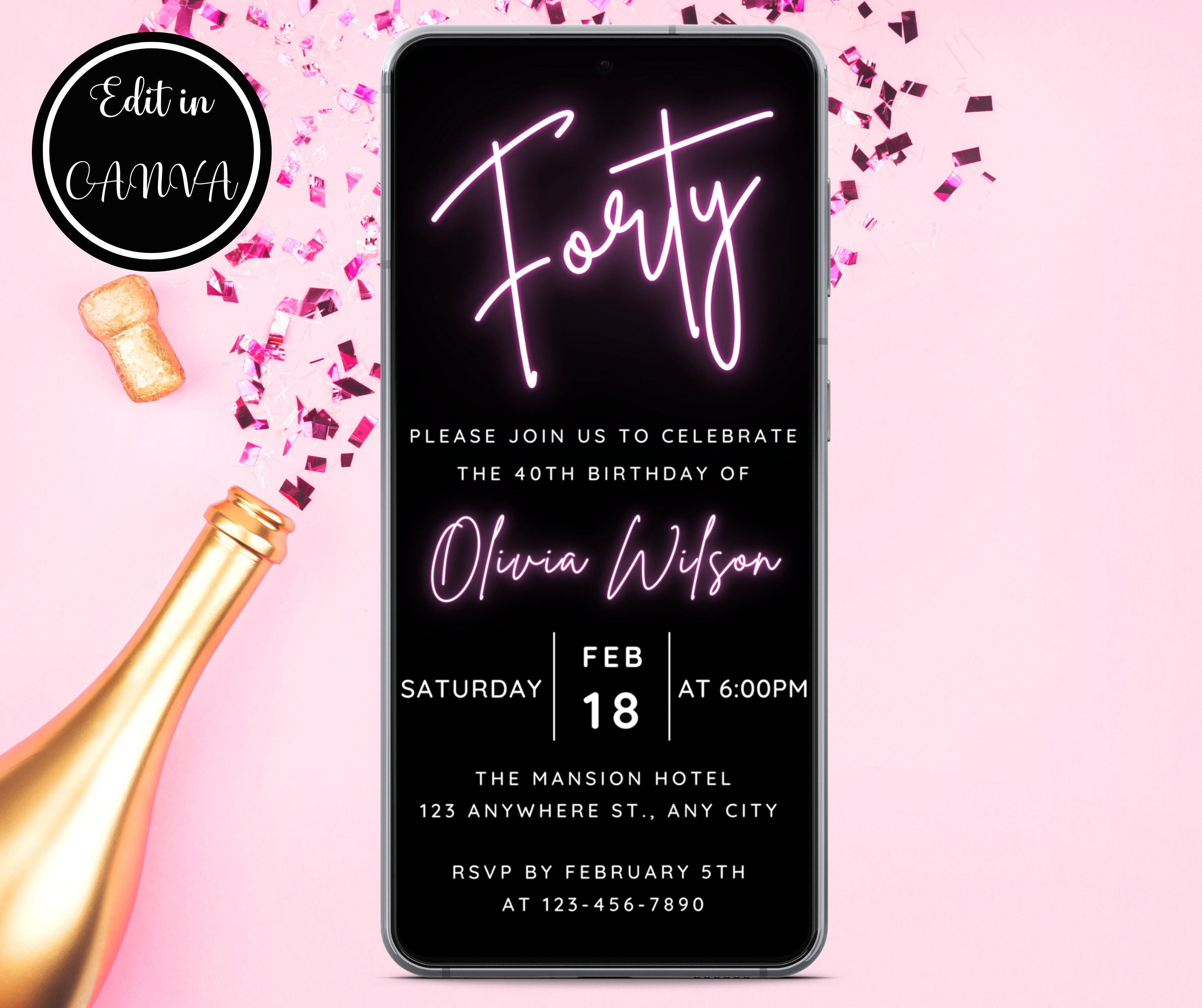 40th Birthday Invitation, Neon Pink Glow Party, Forty Birthday ...