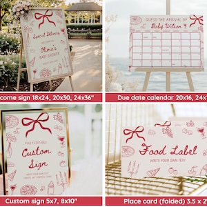May include: A collection of baby shower party supplies, including a welcome sign, due date calendar, custom sign, and food labels. The signs feature red bow and food illustrations. The welcome sign is available in 18x24, 20x30, and 24x36 inches.