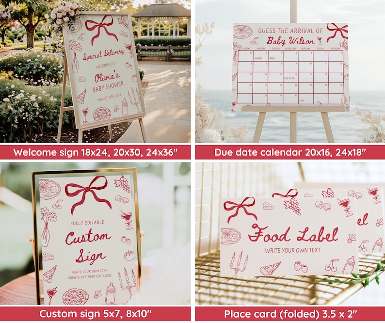 May include: A collection of baby shower party supplies, including a welcome sign, due date calendar, custom sign, and food labels. The signs feature red bow and food illustrations. The welcome sign is available in 18x24, 20x30, and 24x36 inches.