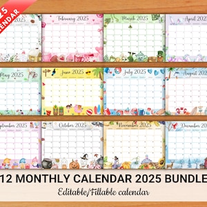 EDITABLE Monthly Calendar 2025, 12 Beautiful Printable Monthly Calendar 2025, Cute 2025 Planner for Home, School & Office, Instant Download